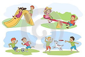 Funny kids recreation vector summer scenes set