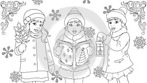 Funny kids singing for Christmas, coloring book, school children choir