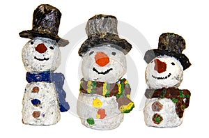 funny kids snowmen fashioned from papier-mache isolated on white