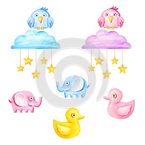 Funny kids toys - elephants, owls, ducks, clouds and stars. Watercolor illustration