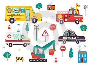 Funny kids transport set with animals and road signs. School bus, ambulance, excavator, fire engine, police car cartoon vector