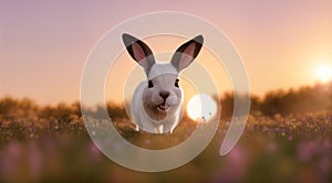 Funny kind rabbit in a field in the grass against the backdrop of the setting sun.