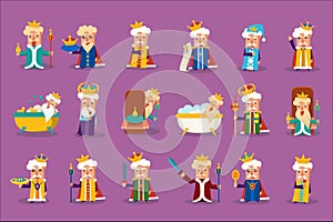 Funny king character posing in different situations set, old imperior showing various emotions vector Illustrations photo