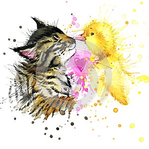 Funny kitten and duck watercolor illustration