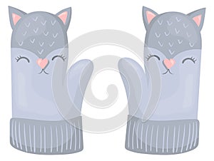 Funny kitten mittens. Woolen winter gloves icon