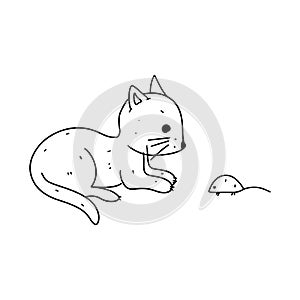 Funny kitten playing with a toy mouse. Hand drawn doodle style. Vector illustration isolated on white. Coloring page.