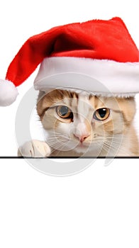 Funny kitten in red christmas hat peeking from behind blank banner. isolated on white background.