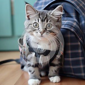 Funny kitten in a school backpack looks sitting. generative ai