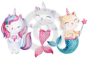 Funny kittens, cat-mermaid and cat-unicorn on an isolated white background. Watercolor drawing, children's illustration