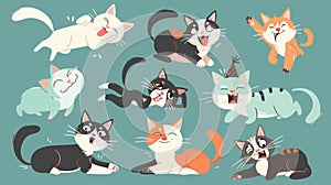 Funny kittens characters in different poses licking themselves, entangled in yarn, hunting beetles, lying on pillows, in