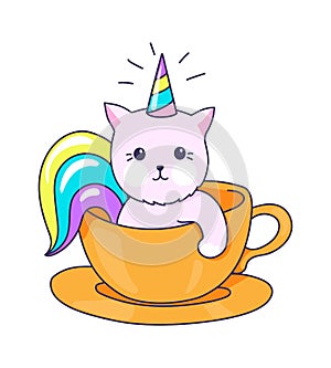 Funny kitty character. Kitten with rainbow horn and horse tail. Cat unicorn in tea cup. Cafe logo mockup, kawaii print