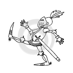 Funny knight in medieval armor with a sword and a helmet with feathers walks, black ink lines