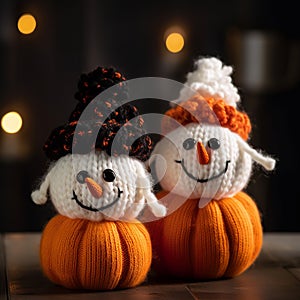 Funny knitted toys in the form of snowmen and Halloween pumpkins, Halloween background, New Year