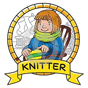 Funny knitter women in the chair. Emblem photo