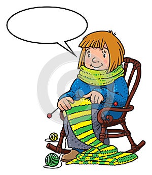 Funny knitter women inthe chair photo
