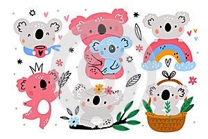 Funny koala. Australian furry animals. Color cute bears. Kids fauna characters. Comic wildlife. Rainbow and basket with