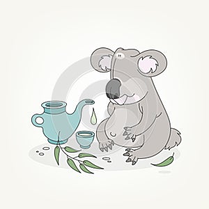Funny koala and tea pot