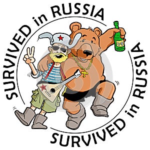 Funny Label: `Survived in Russia`. Drunk Tourist with Friendly Russian Bear