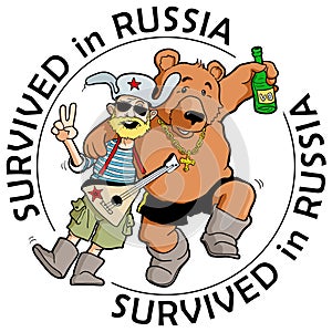 Funny Label: `Survived in Russia`. Drunk Tourist with Friendly Russian Bear photo