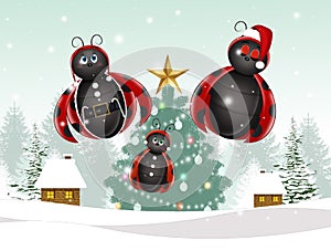Funny ladybugs celebrate Christmas
