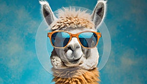 Funny lama wearing stylish sunglasses. Fluffy alpaca. Blue backdrop