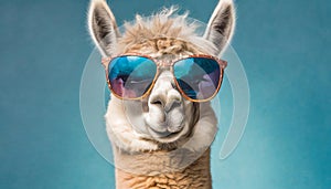 Funny lama wearing stylish sunglasses. Fluffy alpaca. Blue backdrop