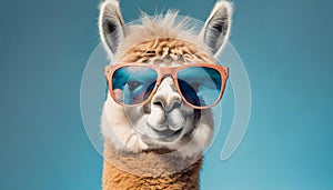 Funny lama wearing stylish sunglasses. Fluffy alpaca. Blue backdrop