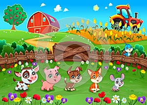 Funny landscape with farm animals