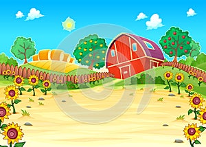 Funny landscape with the farm and sunflowers