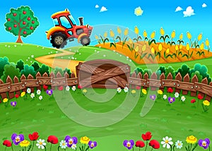 Funny landscape with tractor and cornfield