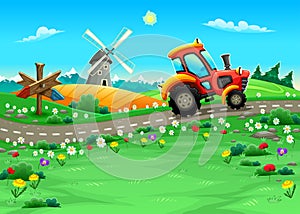 Funny landscape with tractor on the road