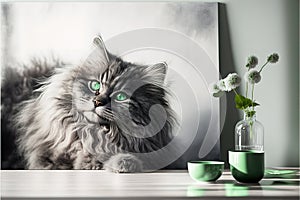 Funny large longhair gray kitten with beautiful big green eyes lying on white table, AI generated
