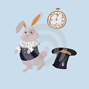 Funny lating rabbit inspired by Alice in Wonderland with clock and stovepipe hat photo