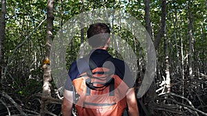 Funny Laughing Man Tourist with Backpack in Woods, Smiling Traveler Adventure