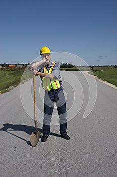 Funny Lazy Worker, Shovel Leaner on Job