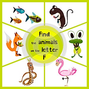 Funny learning maze game, find all 3 cute wild animals with the letter f, pink flamingos, marsh frog and forest Fox . Educational