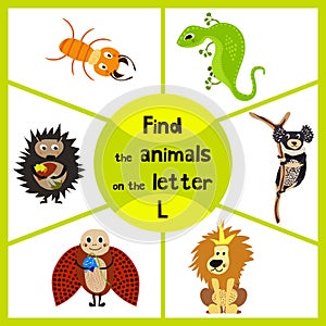 Funny learning maze game, find all 3 cute wild animals with the letter L, desert lizard, the lion of the Savannah and the insect l