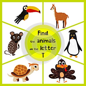 Funny learning maze game, find all 3 cute wild animals with the letter T, tropical Toucan from South America, sea turtle and poult