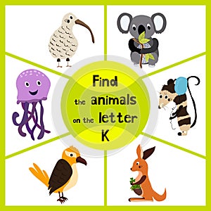 Funny learning maze game, find all 3 of cute wild animals To the letter K, the Australian kiwi bird, marsupial the kangaroo and th