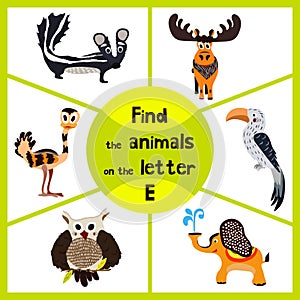Funny learning maze game, find all 3 cute animals with the letter E, EMU, elephant, elk. Educational cranica for preschoolers. Vec photo