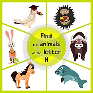 Funny learning maze game, find all of cute wild animals 3 the letter H, forest hedgehog and the hare, a horse farm home. Education