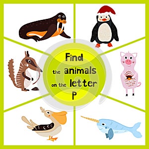 Funny learning maze game, find all 3 cute wild animals with the letter P, Arctic penguin, sea bird Pelican and domestic pigs. Educ