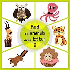 Funny learning maze game, find all 3 of cute wild animals to the letter O, sea dweller octopus, woodsy owl and sea shell. Educatio