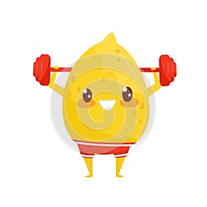 Funny lemon exercising with barbell, sportive fruit cartoon character doing fitness exercise vector Illustration on a