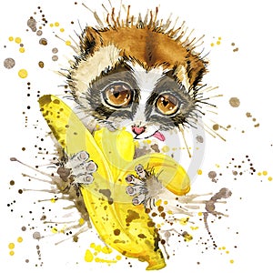 Funny lemur and banana with watercolor splash textured