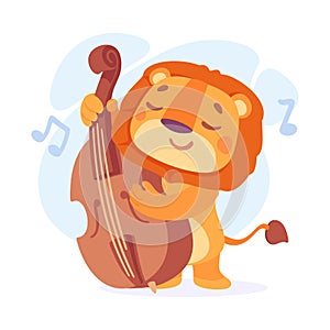 Funny Lion Character Playing Cello Music Instrument Vector Illustration