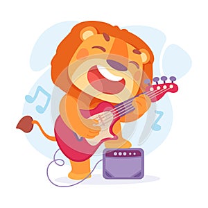 Funny Lion Character Playing Electric Guitar Vector Illustration