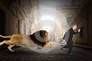 Funny Lion Chase Businessman, City