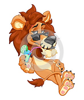 Funny lion drinks a fruit juice with sunglasses