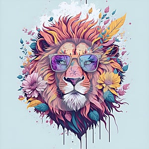 Funny lion head wearing sunlasses with colorful flowers